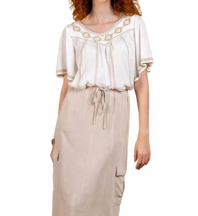 Paparazzi Women's Crepe Embroidered Smock Top In White-khaki In Neutral