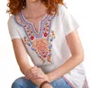 Paparazzi Women's Knit Split Embroidered Blouse In White In White