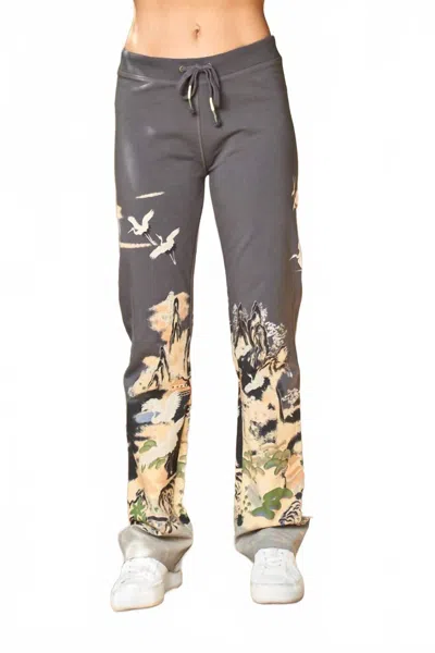 Paparazzi Women's Stretch Crane Print Lounge Pant In Charcoal In Gray
