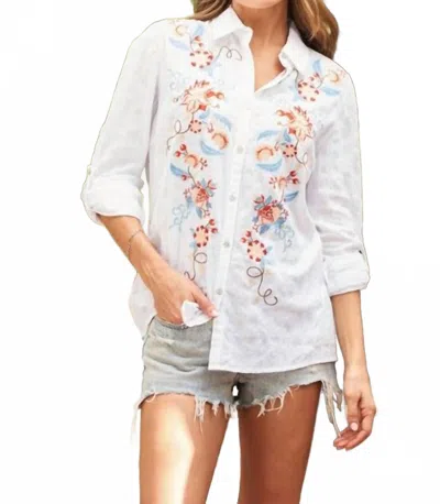 Paparazzi Woven Embroidered Front Shirt With Roll-cuff Sleeve In White