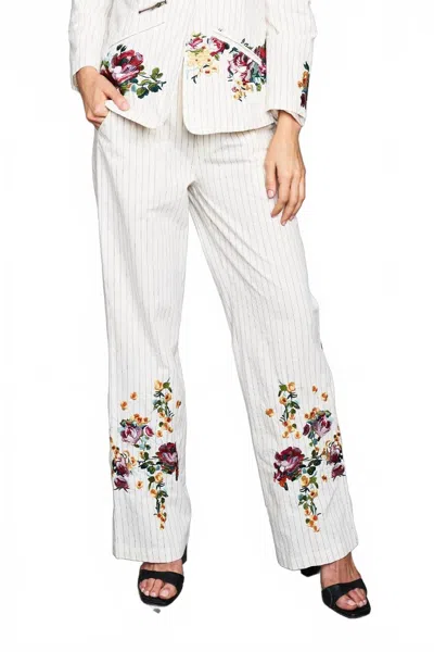 Paparazzi Woven Yarn Dyed Pin Striped Embroidered Trim Pant In Ivory In White