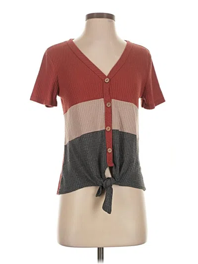 Pre-owned Paper Crane Short Sleeve Top Burgundy Color Block Pattern V-neck Tops