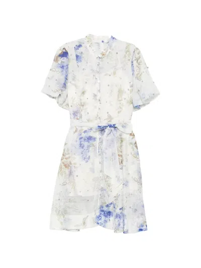 Paper Lace Crystal-embellished Floral-print Mini Shirt Dress In White