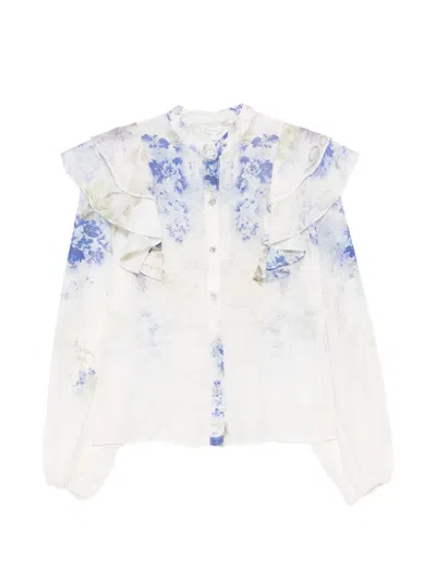 Paper Lace Floral Print Ruffled Shirt In White