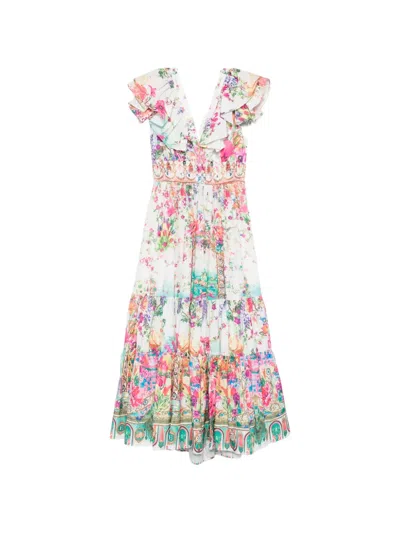 Paper Lace Floral-print Ruffled Midi Dress In White