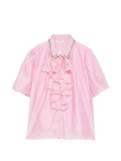 Paper Lace Ruffled Crystal-embellished Shirt In Pink