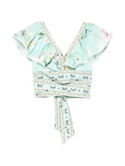 Paper Lace Ruffled Floral Top In Green