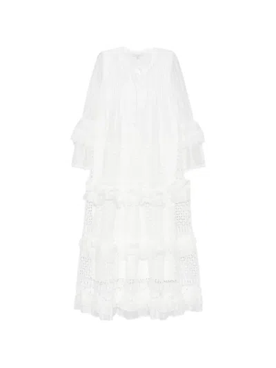 Paper Lace Ruffled Lace-panel Midi Dress In White