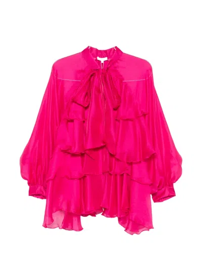 Paper Lace Ruffled Pussy-bow Blouse In Pink