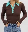 PAPERMOON BUTTON COLLARED TOP IN BEVERLY TURQUOISE