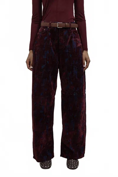 Papermoon Distressed Velvet Wide Leg Jeans In Burgundy In Red