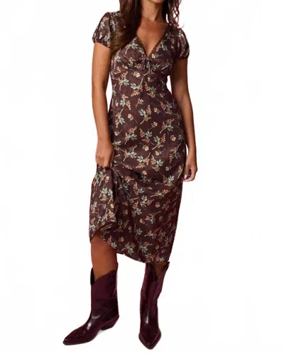 Papermoon Floral Puff Sleeve Midi Dress In Brown Floral