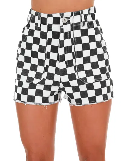 Papermoon Got Your Number Checker Denim Shorts In Black