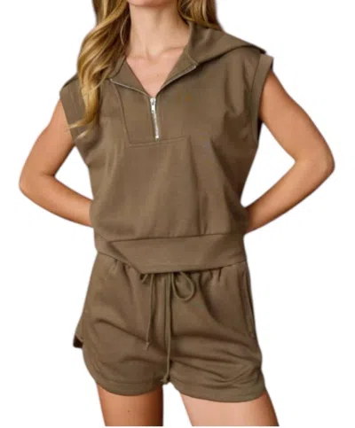 Papermoon Half Zip Cropped Sweatshirt And Shorts Set In Olive In Brown