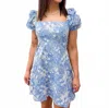 Papermoon Isabella Puff Sleeve Mini Dress In Denim/cream In Multi