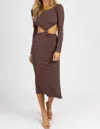 PAPERMOON LONG SLEEVE FRONT TWIST MIDI DRESS IN CHOCOLATE