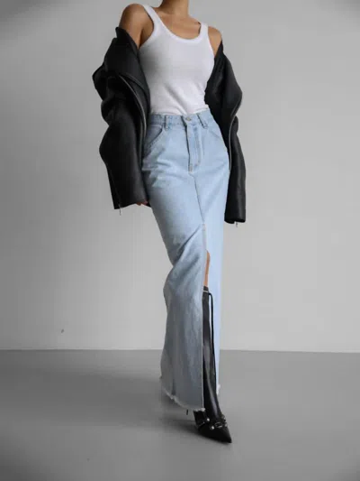Papermoon Raw Hem Denim Maxi Skirt In Light Wash In Blue