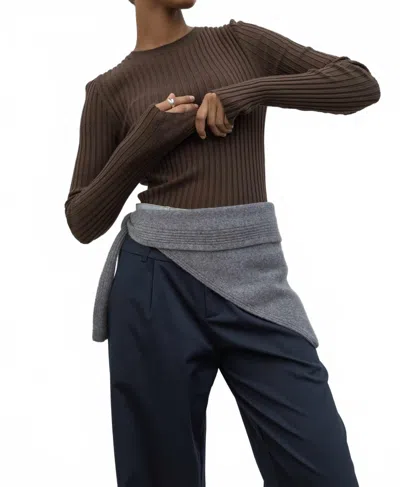 Papermoon Wool Ribbed Long Sleeve Fitted Top In Brown