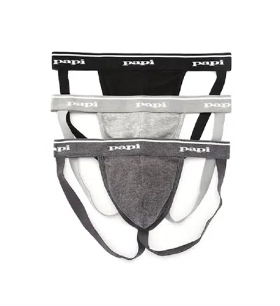 Papi Men's Cotton Jockstrap Briefs - 3 Pack In Black / Charcoal / Heather Grey In Multi