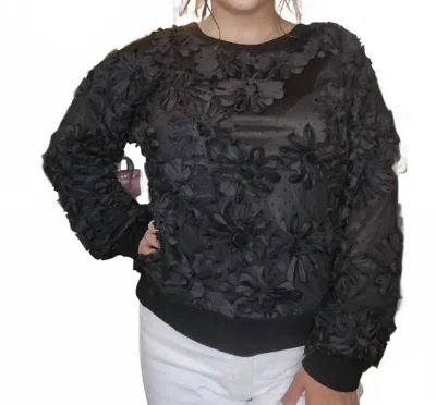Papillon 3d Floral Knit Sweater W/ Rib Trim In Black