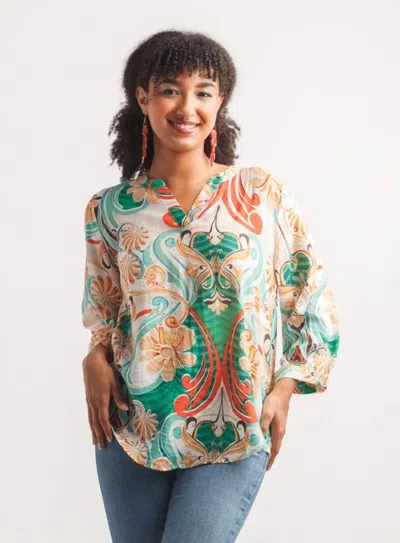 Papillon Abstract Top With Rounded Hem In Green In Multi