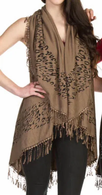 Papillon Animal Print Fringe Vest In Beige In Sand
