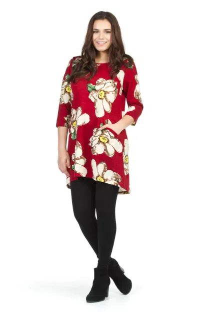 Papillon Big Floral 3/4 Sleeve Dress With Pockets In Burgundy In Red