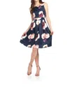 Papillon Big Floral Print Sleeveless Dress With Box Pleat Skirt In Navy