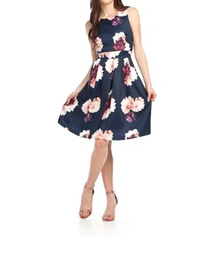 Papillon Big Floral Print Sleeveless Dress With Box Pleat Skirt In Navy
