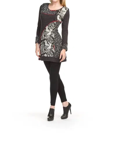 Papillon Boucle & Print Patch Long Sleeve Dress In Black