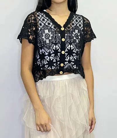 Papillon Button Front Short Sleeve Crochet Top In Black