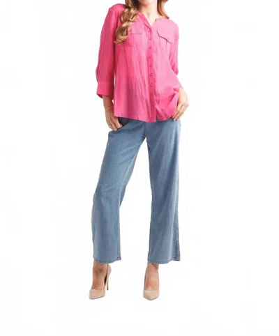 Papillon Button Front Tab Sleeve Blouse In Magenta In Pink