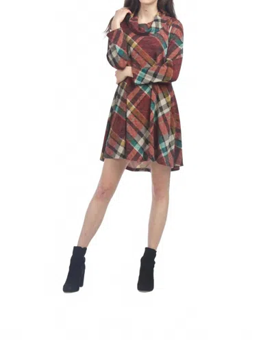 Papillon Cowl Neck A-line Sweater Dress In Wine Plaid In Brown