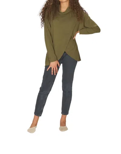 Papillon Cowl Neck Crossover Front Sweater In Olive In Green