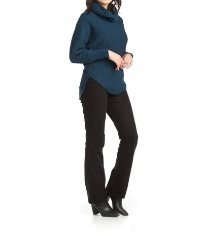 Papillon Cowl Neck Ribbed Sweater In Teal In Blue