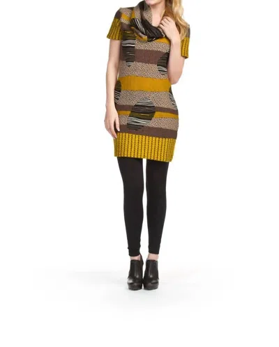 Papillon Cowl Neck Short Sleeve Belted Patchprint Dress In Mustard In Yellow
