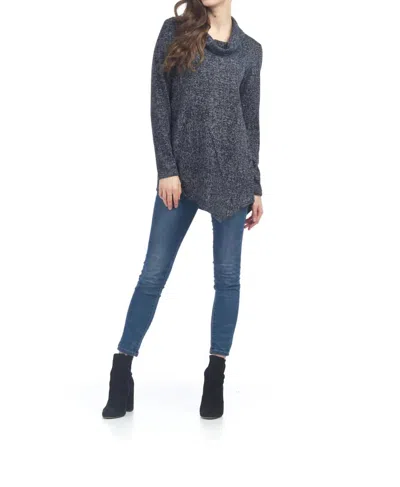 Papillon Cowl Neck Tweed Angle Hem Sweater Top In Navy In Gray
