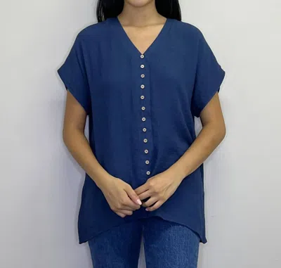 Papillon Crinkle Button Front Extended Sleeve Top In Navy In Blue