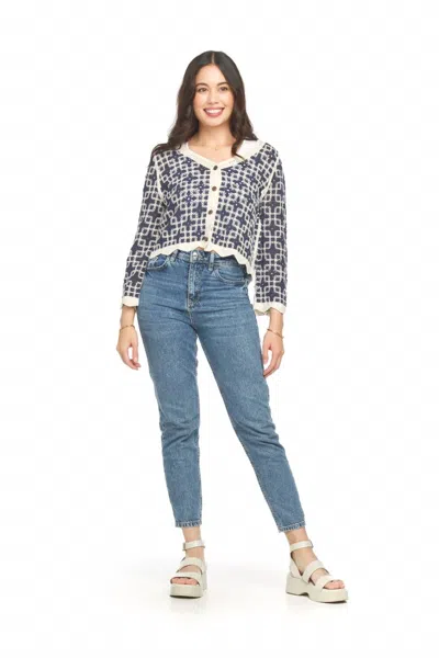 Papillon Crochet Button Front Bell Sleeve Cardigan In Navy/white In Multi