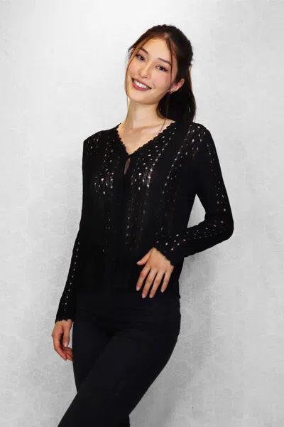 Papillon Crochet Knit Button Front Cardigan In Black