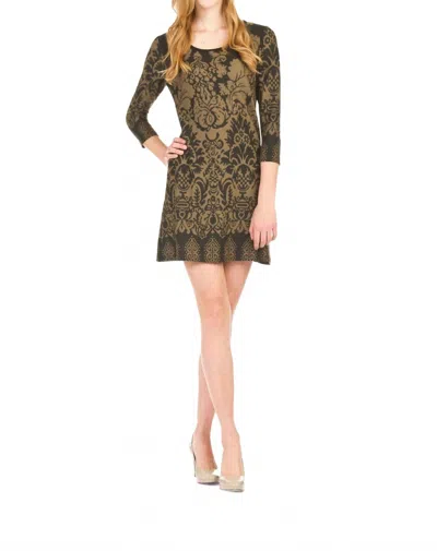 Papillon Damask Border Print 3/4 Sleeve Dress In Khaki In Brown