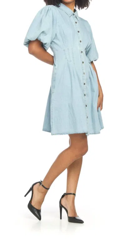 Papillon Denim Puff Sleeve Dress In Blue