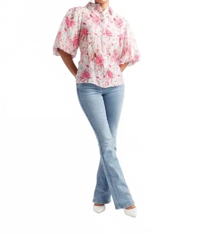 Papillon Ditsy Floral Collared Balloon Sleeve Top In Pink In Multi