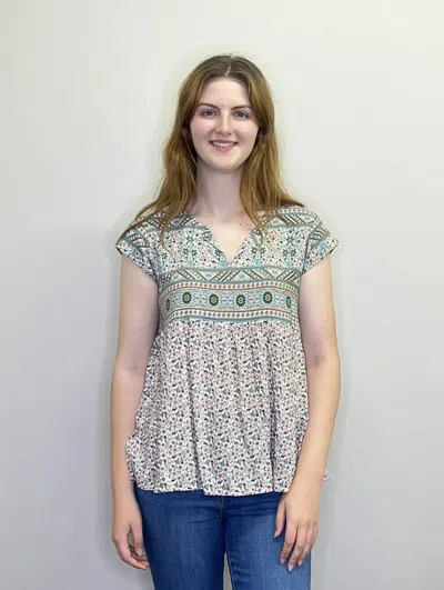 Papillon Ditsy Peasant Short Sleeve Top In Green In Multi