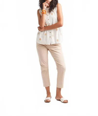 Papillon Embroidered Button Front Blouse With Lace Inset In White