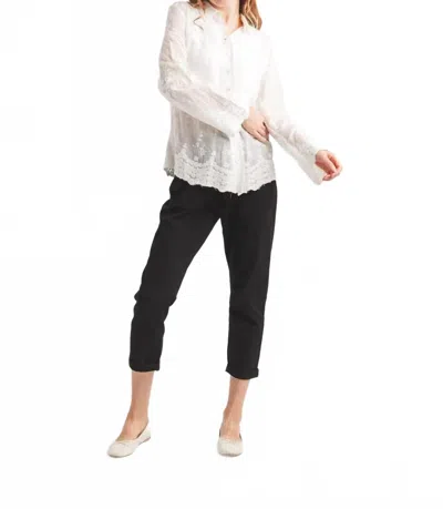 Papillon Embroidered Collared Button Front Blouse In White In Multi