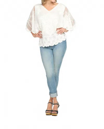 Papillon Embroidered Cotton V Neck Blouse With Mesh Sleeves In White