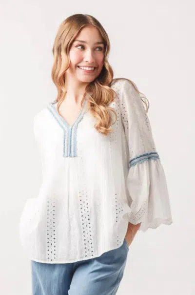 Papillon Eyelet Top With Denim Trim & Bell Sleeve In White