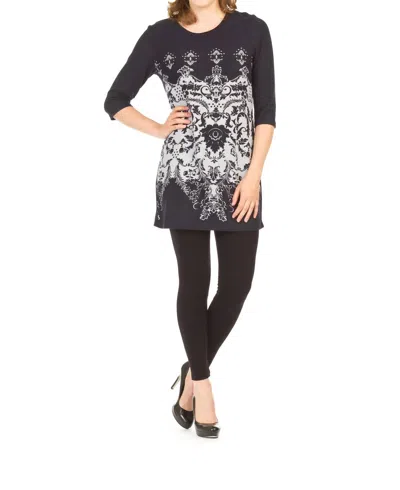 Papillon Filigree Print 3/4 Sleeve Dress In Navy In Multi