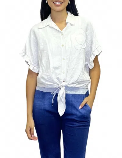 Papillon Floral Accent Tie Waist Button Up Top In White